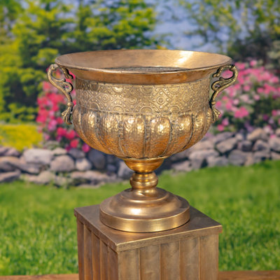 16" Tall Frosted Gold Metal Urn "Bacchus"
