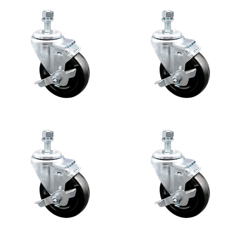 Ensemble de roulettes à tige filetée en caoutchouc dur de 4 pouces SS 12mm