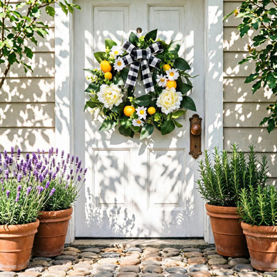 22 Inch Lemon Wreath, Artificial Peony Daisy Grapevine Farmhouse Front Door Kitchen Decor