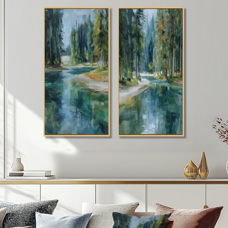 «Pine Trees Fraser River Calming Current - River», art mural sur toile 2 pièces, H 32 po x l 32 po, Cadre naturel flottant
