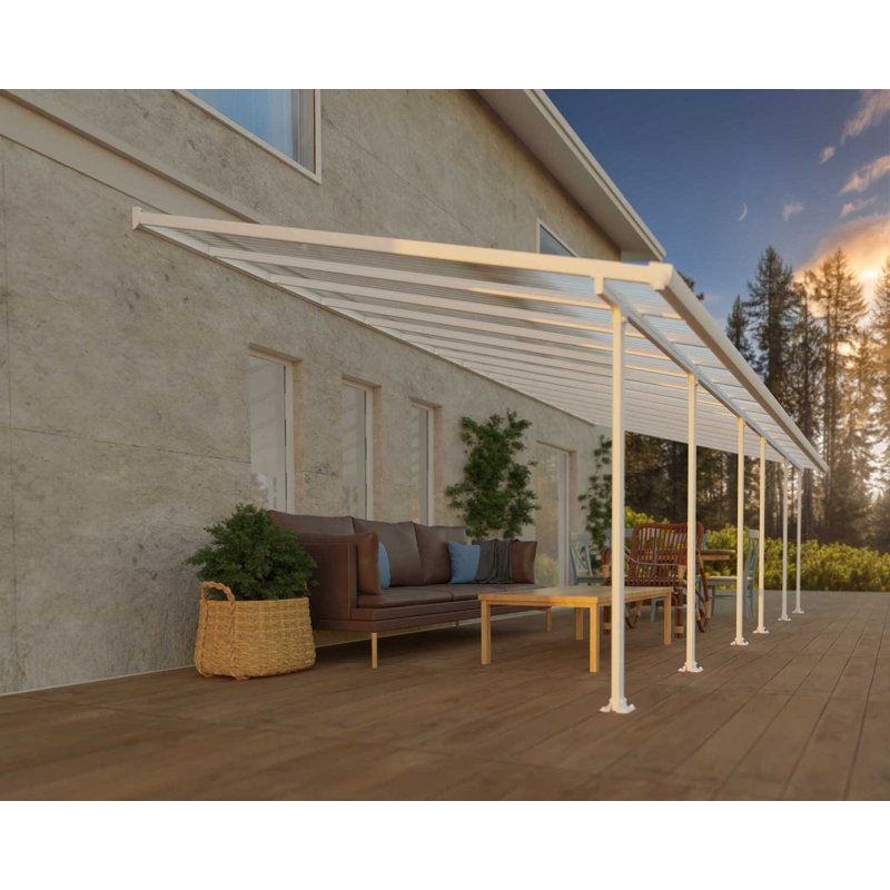 Palram - Canopia Feria 28' W x 13' D Polycarbonate Galvanized Steel Stationary Slope Patio Awning White/Diffused Clear
