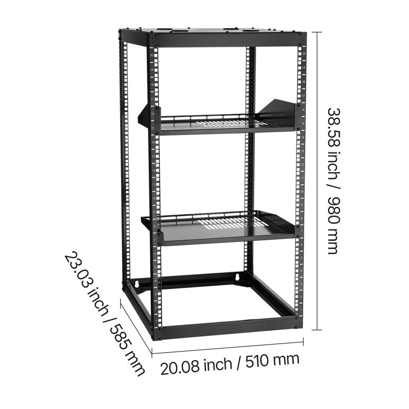 Support réseau à cadre ouvert 20U, profondeur de 23 po, support mural ou sur pied, support robuste à 4 colonnes, avec tablettes ventilées et quincaillerie de fixation, peut contenir tout votre équipement audiovisuel de réseautage