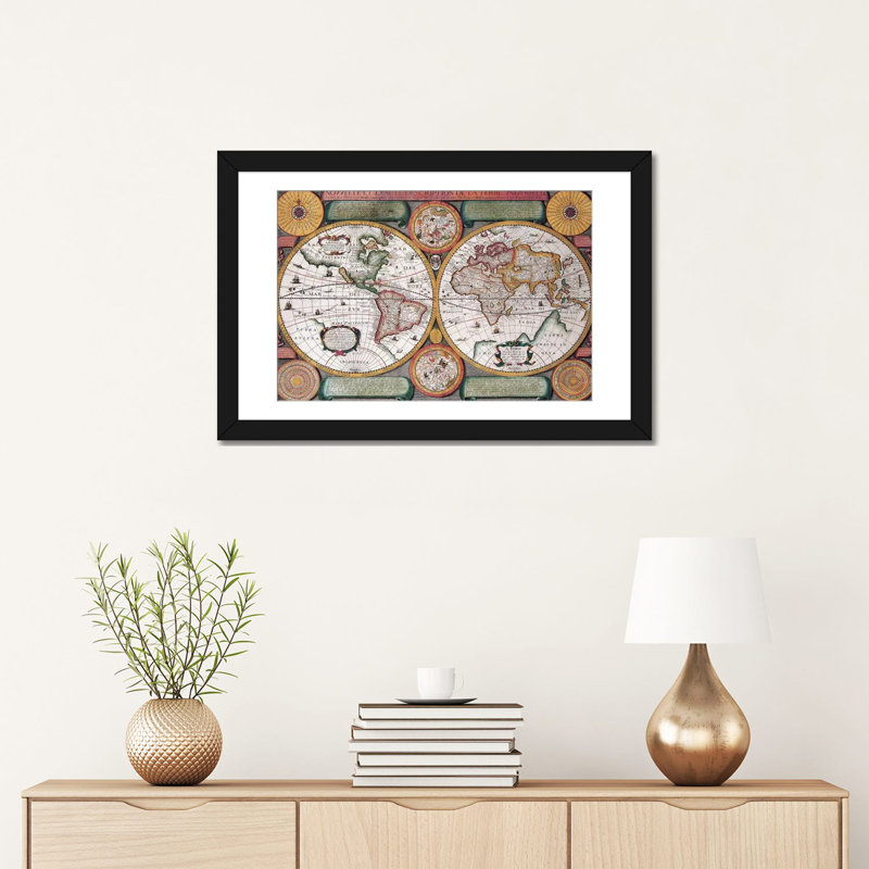 Antique Map Terre Universelle, 1594, impression sur toile, H 16 po x l 24 po x P 1 po, Papier beaux-arts encadré noir, Blanc