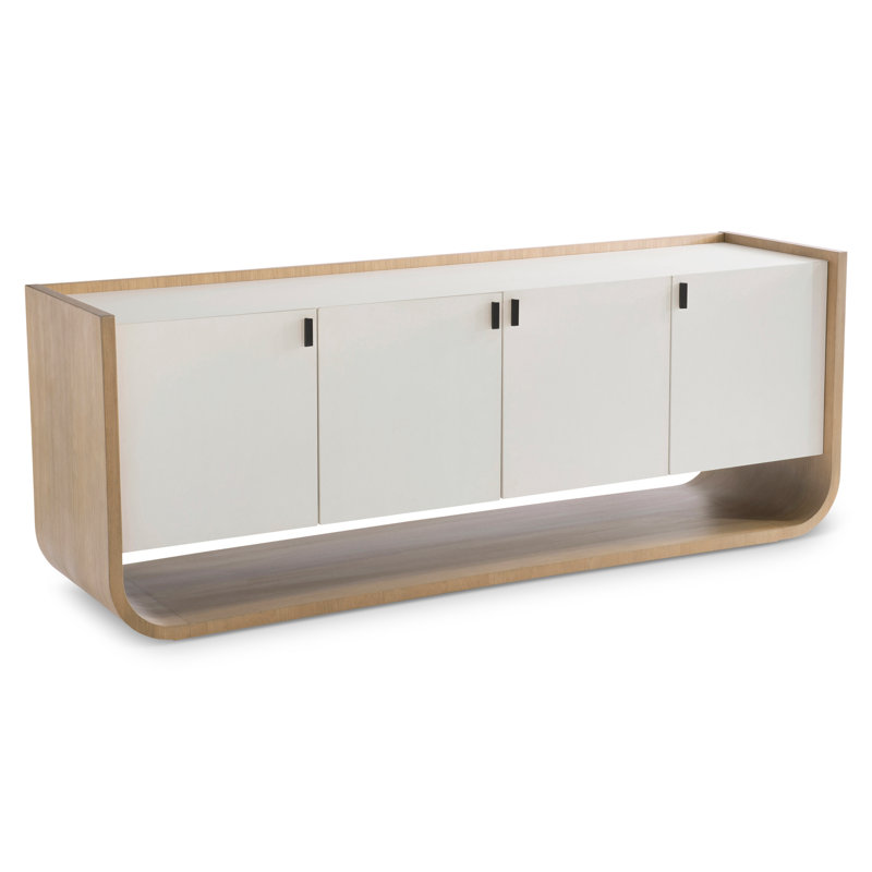 White and Brown Faux Stone Media Console with Cabinet
