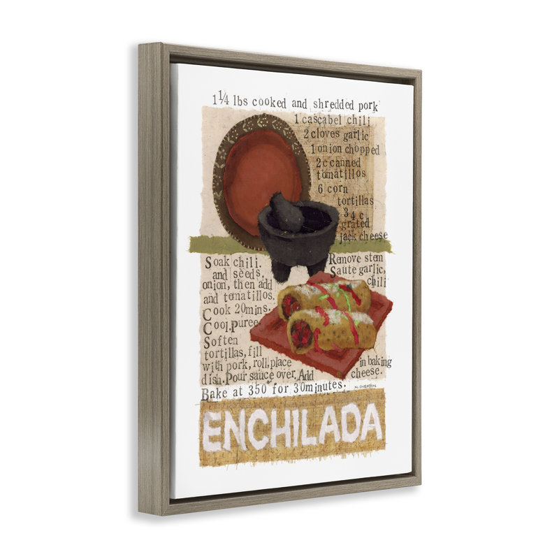 Art mural encadré mexicain, "Enchilada Recipe" par Nancy Overton, Cadre flottant orme Montalcino, H 21 po x l 17 po