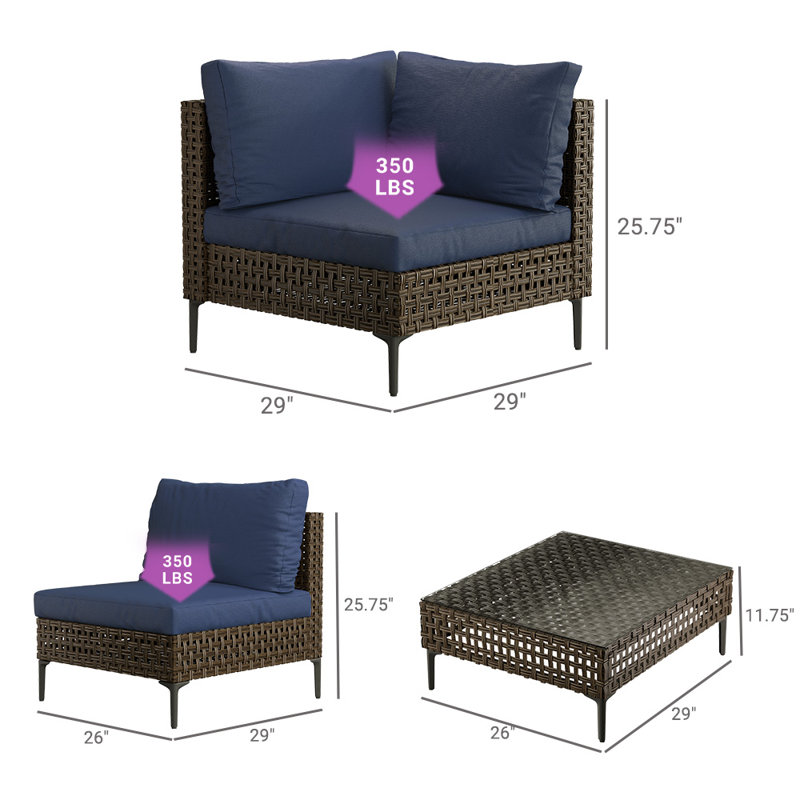Ikeam 29" W Outdoor Wicker Sectional, Blue/Brown