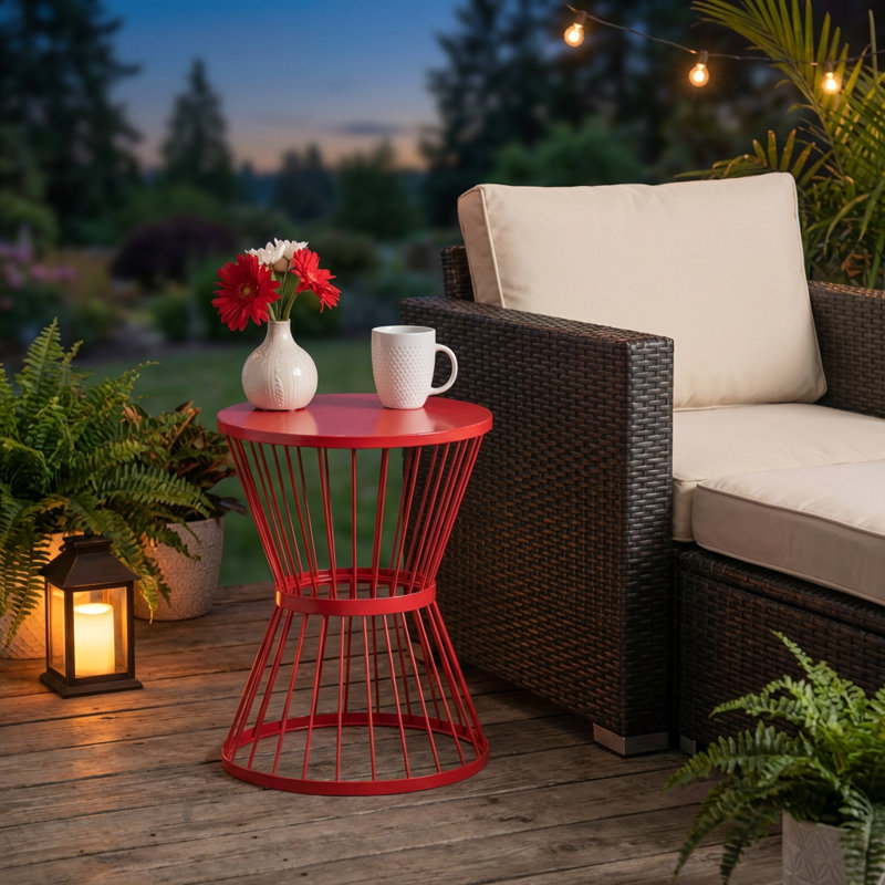 Hourglass-Shaped Stainless Steel Outdoor Side Table with Circular Top and Open Cage Design