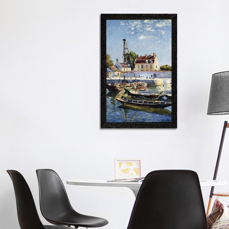 Barges, 1885 by Alfred Sisley - Floater Frame Painting on Canvas, 101.6 cm H x 66.04 cm W, Black Framed