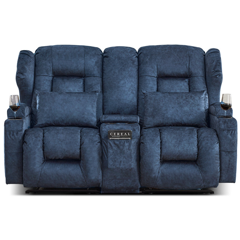 Loveseat Recliner with Storage Center Console, Manual Double Reclining Sofa with Pockets, Cup Holders, Pillows, Blue Velvet