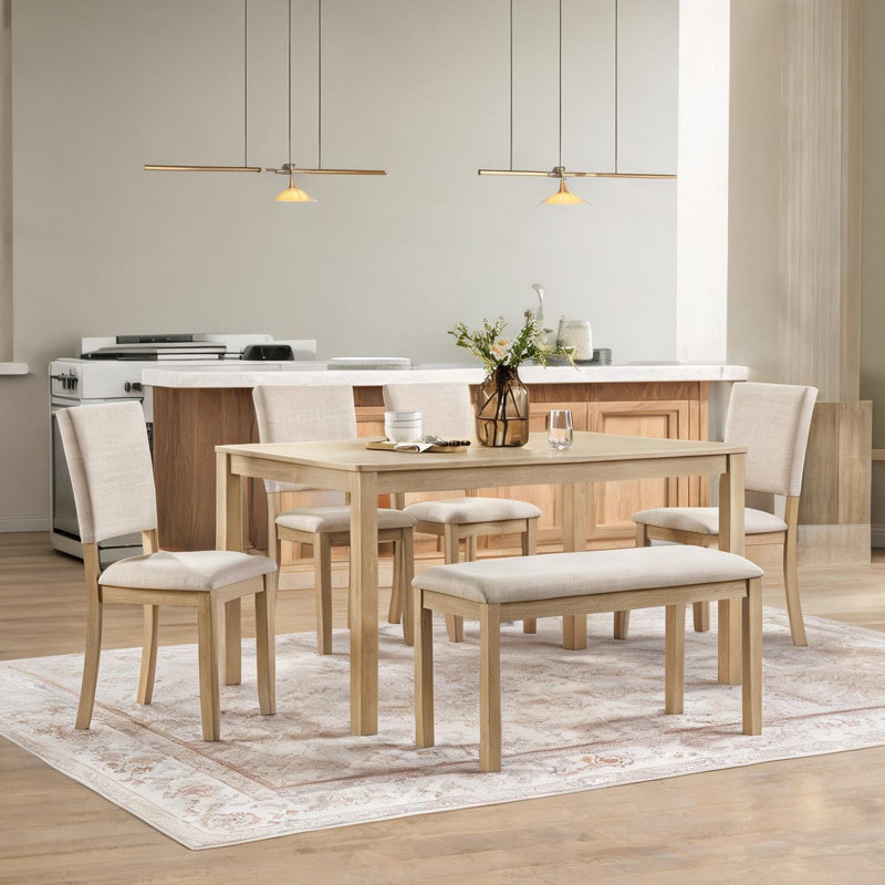 Ensemble de salle à manger rectangulaire en chêne clair 6 pièces avec revêtement beige, 6 places, style moderne
