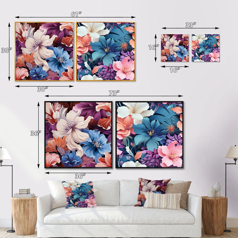 Bellefonte - Ensemble de 2 collages floraux carrés, H 16 po x l 33 po, Cadre flottant brun
