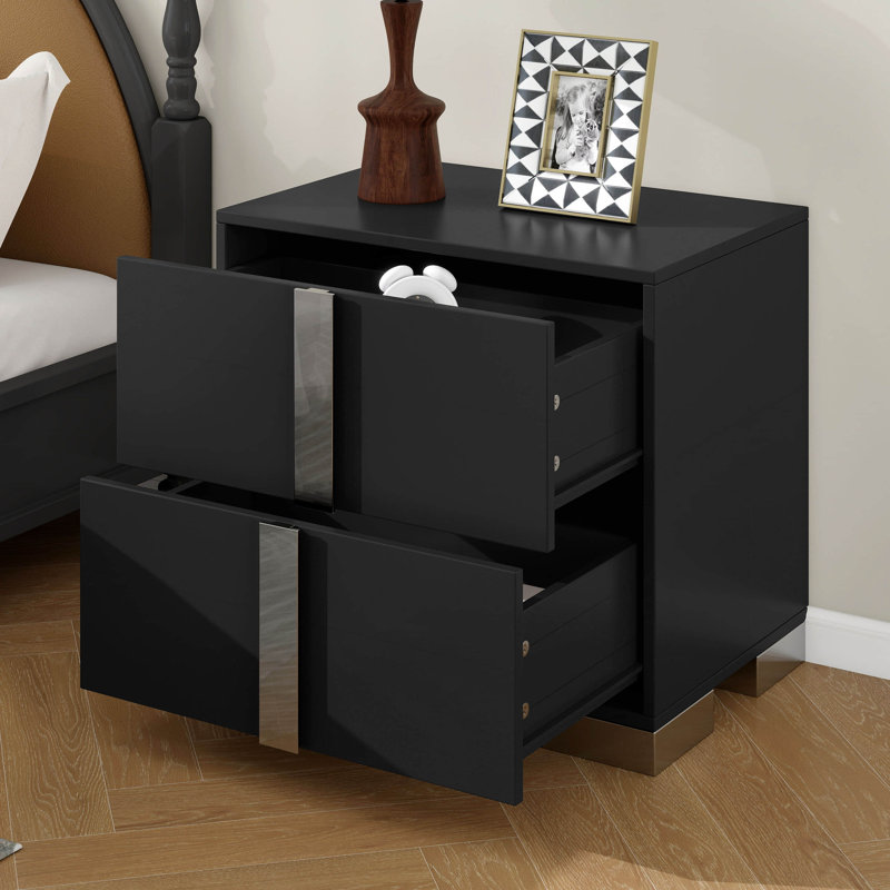 Table de chevet élégante à 2 tiroirs avec poignée en métal et table de chevet avec miroir, Black/Silver