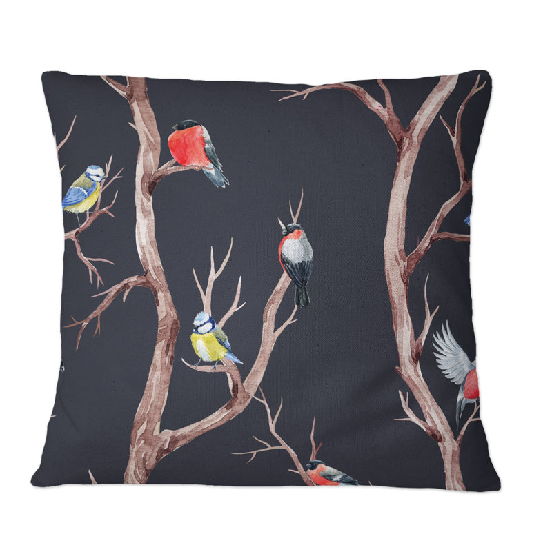 Coussins d'automne avec oiseaux rouges sur fond noir - imprimé traditionnel, 16 po x 16 po