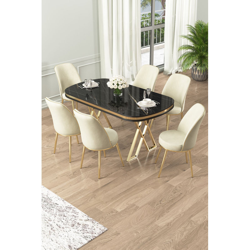 Ensemble de table et chaises de salle à manger moderne 7 pièces, finition marbre noir et chrome | Table 66,1 x 29,9 x 35,4 pouces, 6 chaises 17,7 x 35,8 x 16,5 pouces | Panneau 100% laqué, pieds en métal durables, tissu élégant pour la face de bébé, parfait pour les salles à manger glamour