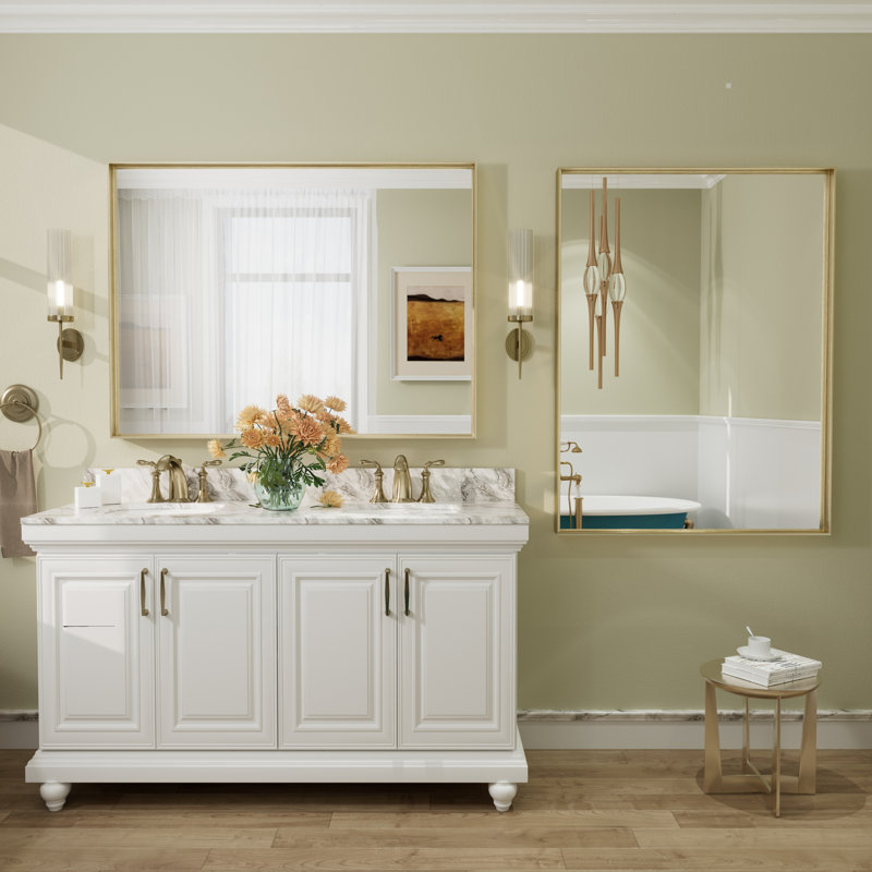 Aevar Tempered Glass and Aluminum Alloy Framed French Cleat Mounted Wall Mirror with 5-Year Warranty, 48" x 36", Brushed Gold