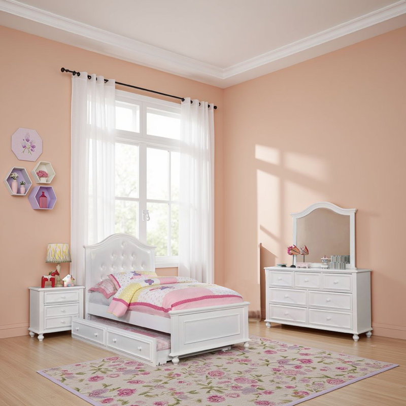 Ensemble de chambre d'enfant pour lit double 3 pièces Aure, tête de lit capitonnée courbée, blanc