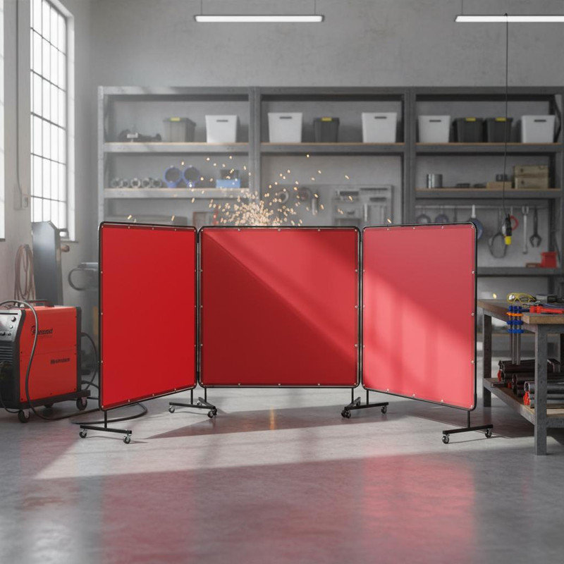 Flame-Resistant 3-Panel Welding Screen with Frame – Transparent PVC Curtain, Steel Frame, Lockable Swivel Casters, Portable Welding Protection for Workshop, Garage