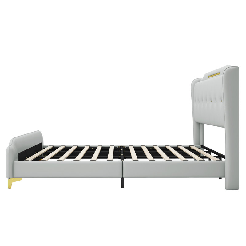 King Size Pu Leather Platform Bed With Wingback Headboard, , Grey Color, Gold Metal Accents, No Spring Box, Easy To Install Frame Upholstery, Decoration, 4 Inches Underbed, Construction