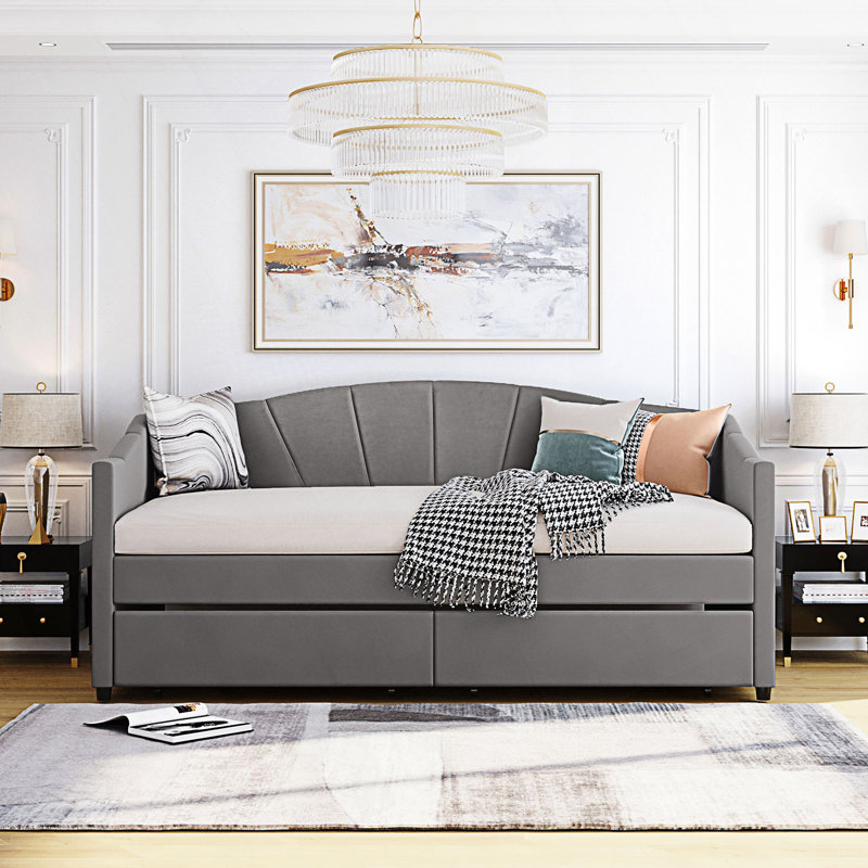 Modern Style Upholstered Daybed Twin Size With Two Drawers, Beige