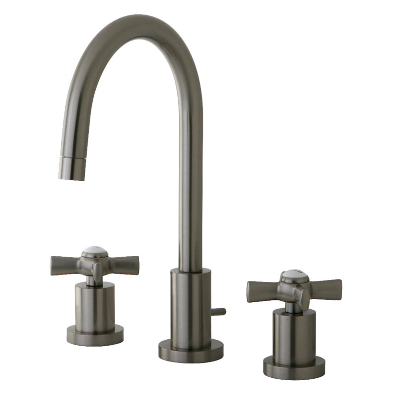 Kingston Brass Millennium Two-Handle 3-Hole Deck Mount Widespread Bathroom Faucet with Brass Pop-Up Drain, Brushed Nickel