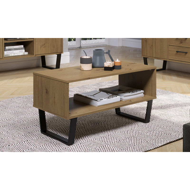 Errik Solid Wood Industrial Design Coffee Table with Storage Shelf, Pine