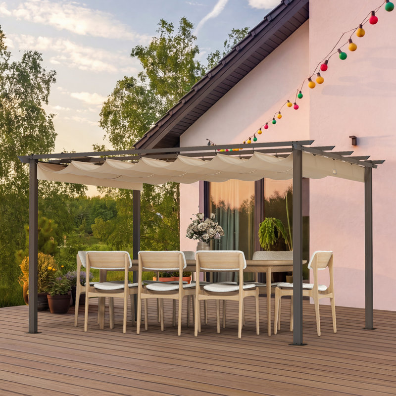Pergola en aluminium avec auvent rétractable, Brun, Clôture en bois x P 10 po