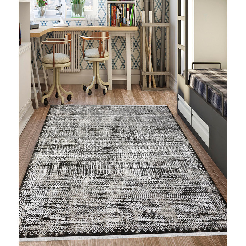 Tapis abstrait noir / crème noué à la main Frede, Rectangle 6 pi 7 po x 9 pi 6 po