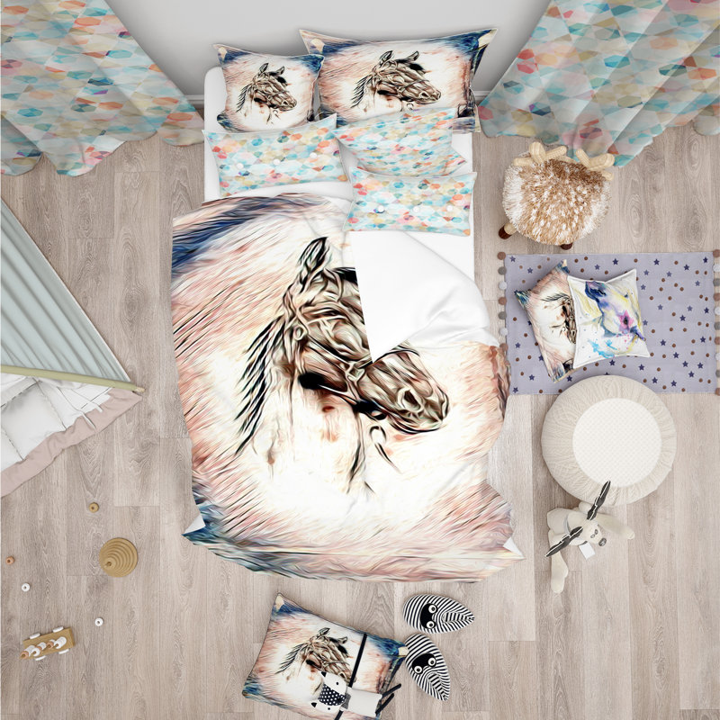 Ensemble de housse de couette designart freehand cheval campagne, Housse simple + 1 taie décorative
