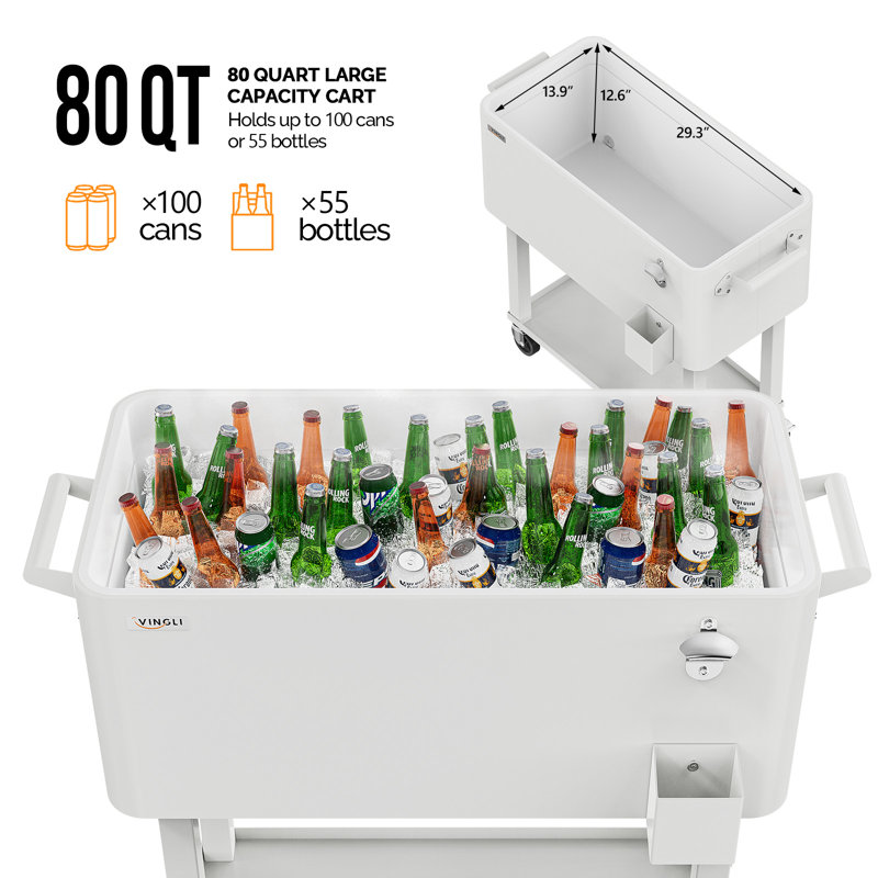 80QT Patio Rolling Ice Chest Cooler Cart With Bar Drink Cooler Beverage Cart With Shelf For Party, White