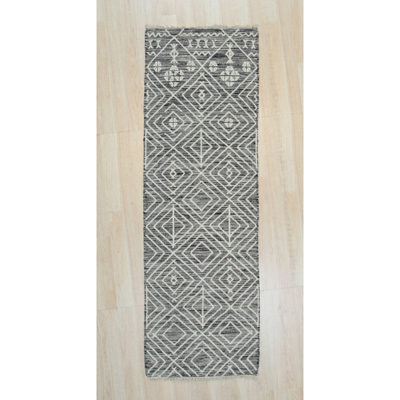 Luxurious Kilim Charcoal Handmade Wool Area Rug, Runner 2' x 8'