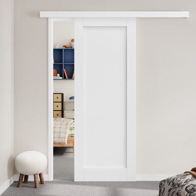 Hidden Style Track Solid Manufactured Wood Panel White Primed Sliding Barn Door With Installation Hardware Kit(No Assembly Required)