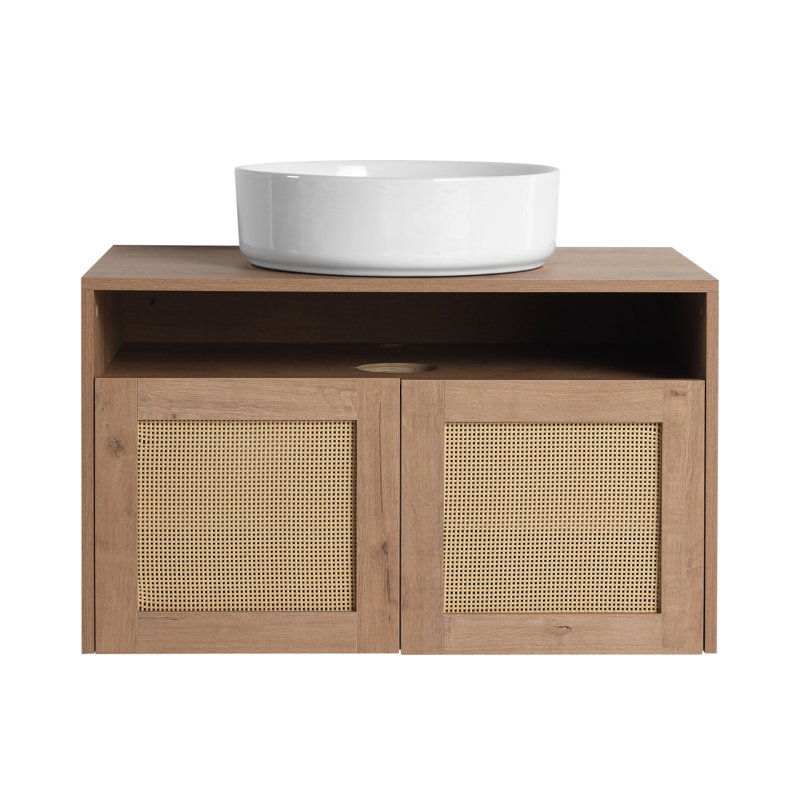Meuble-lavabo de 30 po avec lavabo d'art en céramique blanche, 2 portes à fermeture douce, conception à fixation flottante, contreplaqué (emballage KD)
