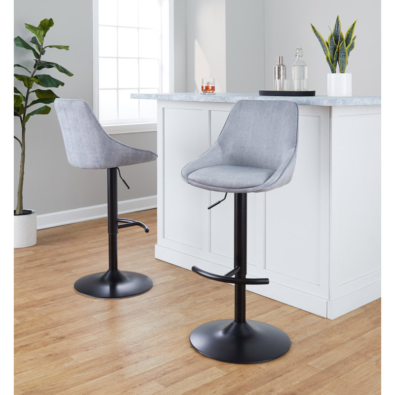 Grey Corduroy Adjustable Swivel Bar Stool with Black Metal Base