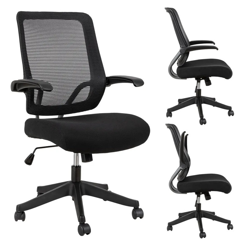Chaise de bureau ergonomique à dossier moyen avec accoudoirs rabattables à 3 voies et roulettes silencieuses à 360 ° - Chaise de bureau d'ordinateur en filet respirant, support lombaire réglable, conception pliable peu encombrante - Multifonctionnel 