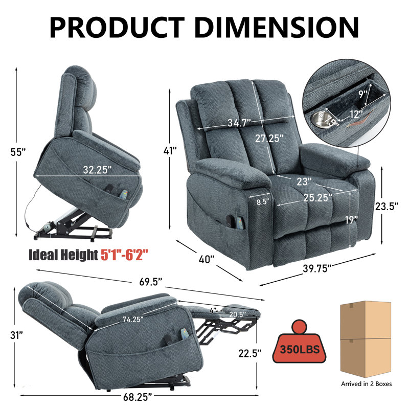 Extended Footrest Chenille Power Lift Chair Lay Flat Recliner with Massage and Heating, 350lbs, Hidden Storage , Blue