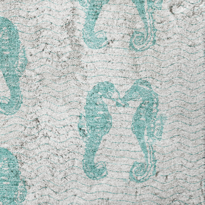 Premium Machine Washable Dream Shag ADS194 Seahorses Rug, Aqua, 2'6" x 3'10"