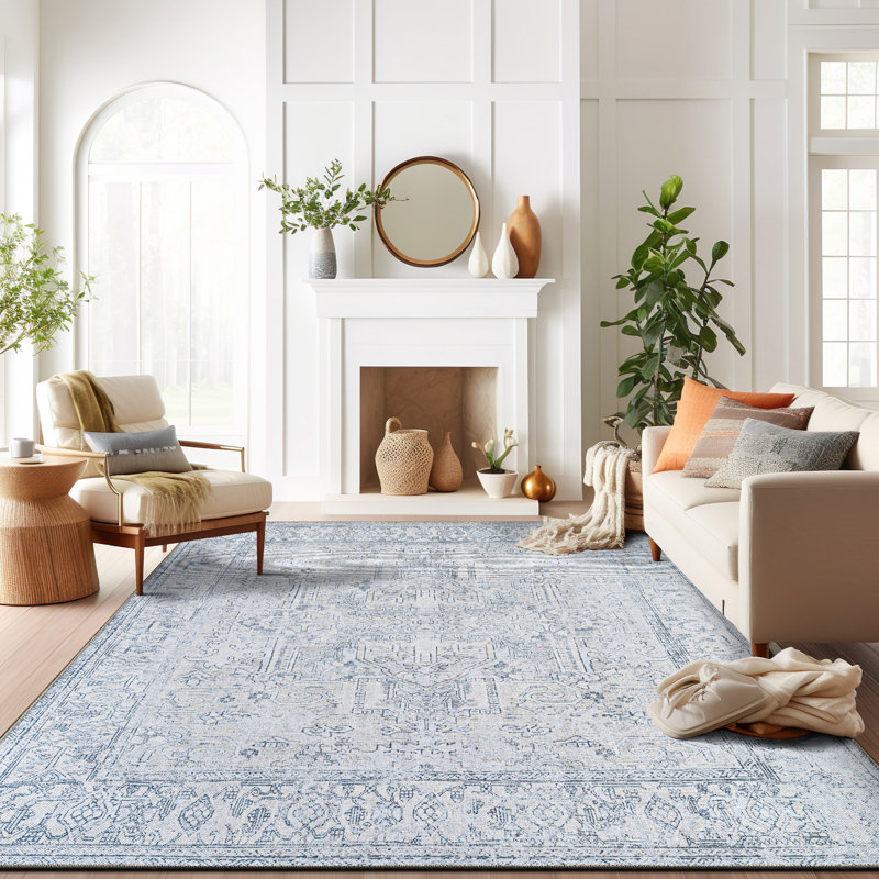 Griffey Oriental Machine Washable Blue/Ivory Non-Slip Backing Area Rug, Rectangle 9' x 12'