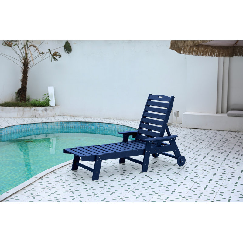 Lounge Chair Outdoor With Wood Texture, Oversized Chaise Lounge Chair With 5 Positions,HDPE,Patio Lounge Chair With Wheels & Cup Holder For Pool, Deck, Poolside,Navy Blue