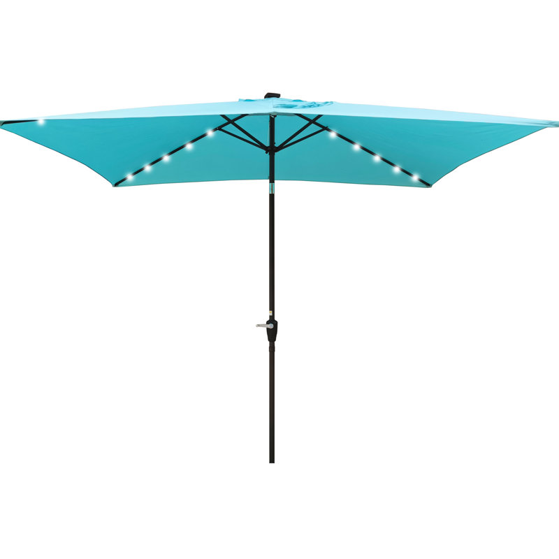 Parasol rectangulaire de patio 10 pi x 6,5 pi - Turquoise, lumières à DEL alimentées à l'énergie solaire, protégé, manivelle et bouton-poussoir inclinable pour l'extérieur de la piscine turquoise avec décoloration, nage dans la cour arrière