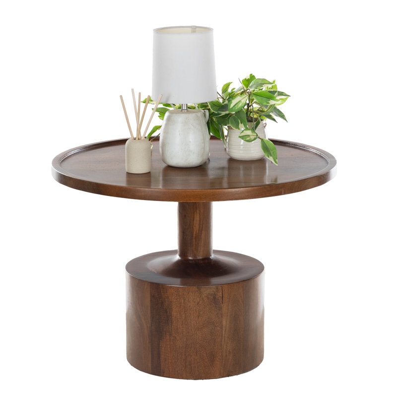 Round Mango Wood Coffee Table – 27.5” Accent Table with Rimmed Top