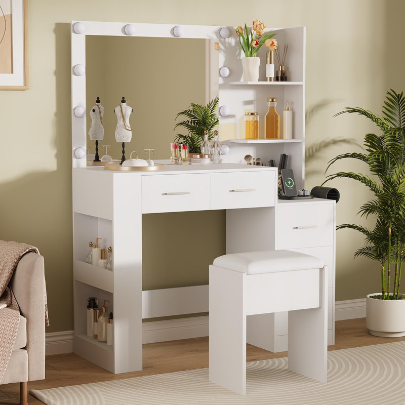 Bureau de maquillage avec miroir lumineux à 10 ampoules, trois réglages d'éclairage réglables et concentrateur électrique intégré