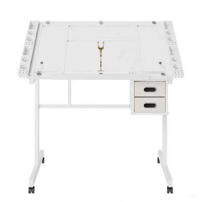 Bureau de dessin réglable avec 2 tiroirs en tissu et 4 roulettes (blanc)
