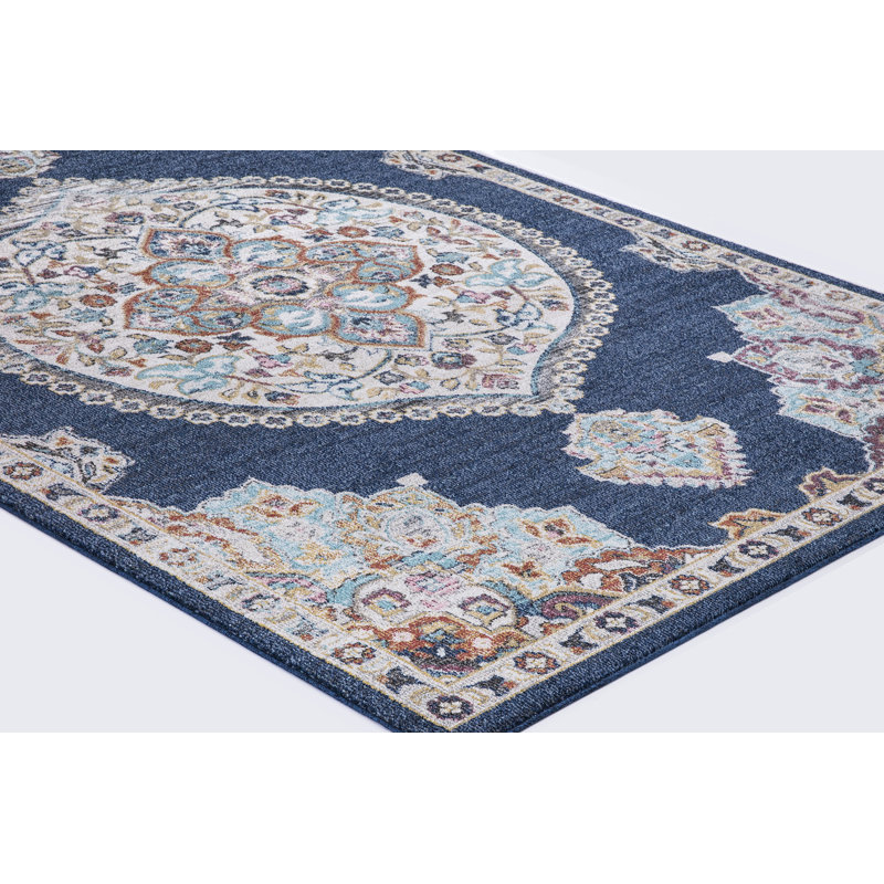 Medallion Power Loomed Performance Navy Rug, Rectangle 5'3" x 7'3"