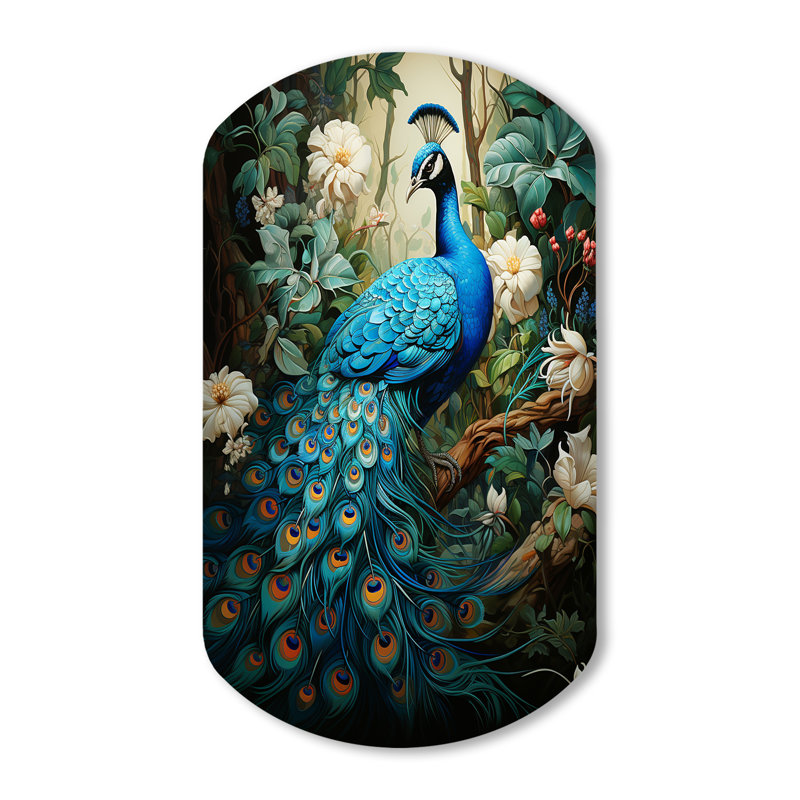 Tarasha - art mural asymétrique en métal paon, sculpture murale en métal cylindrique, H 31 po x l 19 po