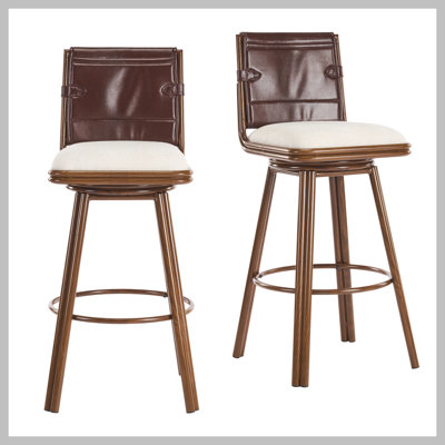 Sibyl Indoor Upholstered Swivel Bar Stool with Metal Frame, Walnut Finish and Beige Upholstery, Set of 2