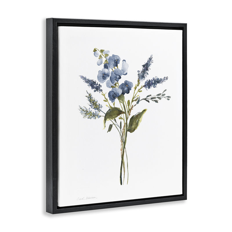 Elegant Blue Geranium Sprig Brown Framed Floater Canvas Wall Art, design by Carol Robinson, 31" H x 25" W