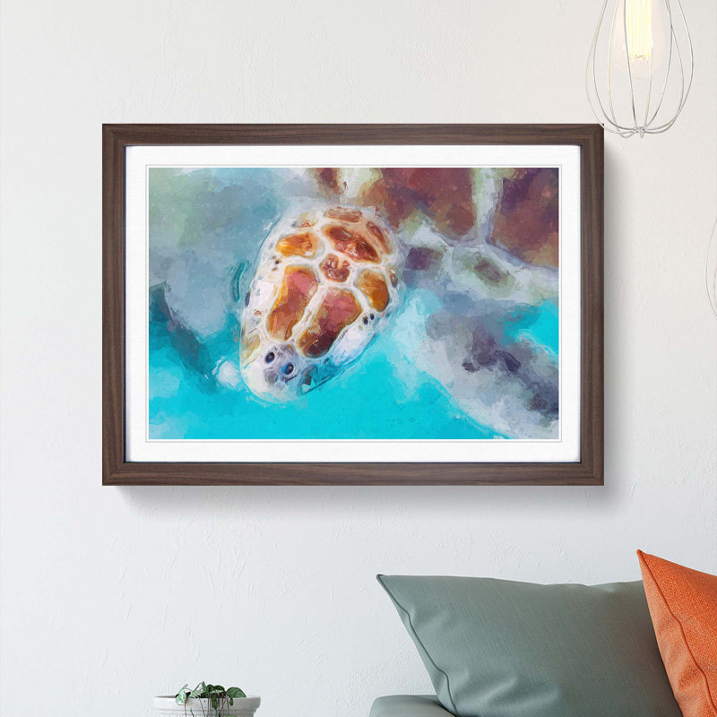 Green Sea Turtle in Abstract - Picture Frame Graphic Art Print on MDF, 48cm H x 65cm W x 2cm D, Walnut Framed