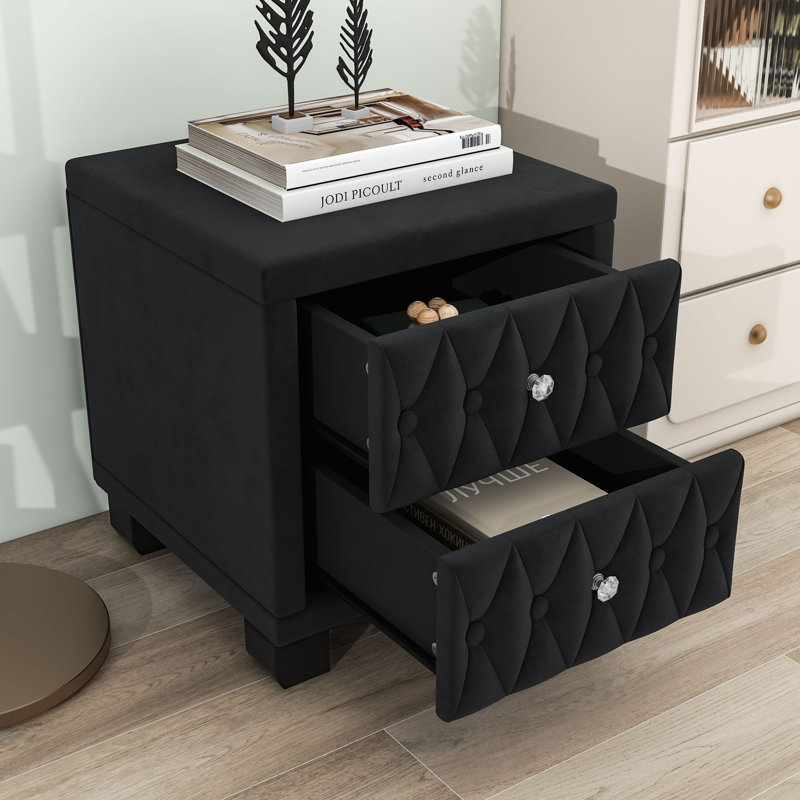 Table de chevet avec 2 tiroirs et capitonnée, Noir