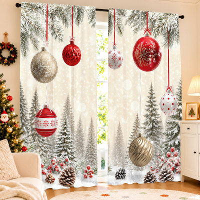 2Pcs Christmas Ornaments Curtains, Festive Winter Forest Scene, Light Filtering, Rod Pocket, For Living Room Bedroom Holiday Decoration
