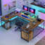 Bureau en U avec prises de courant et lumières DEL, bureau de jeu réversible avec support pour écran-68102354